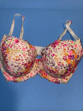 Victoria's Secret White Floral Lace Underwire Bra with Pink & Orange Accents